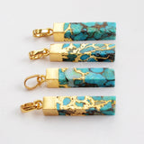 Rectangle Gold Plated Copper Turquoise Pendant, Gold Line Natural Real Turquoise, Gemstone Bar Pendant G1531