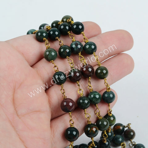 5m/lot,Gold Plated 8mm Round Green India Agate Beads Wire Wrapped Rosary Chain JT124