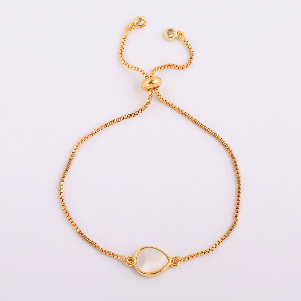 Teardrop Natural Stone Amethyst Gold Bezel Connector Bracelet, Gemstone Birthstone Jewelry  WX989