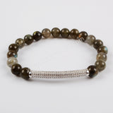 CZ Tube Bar With 8mm Gemstone Beads Bracelet Silver Plated S1475