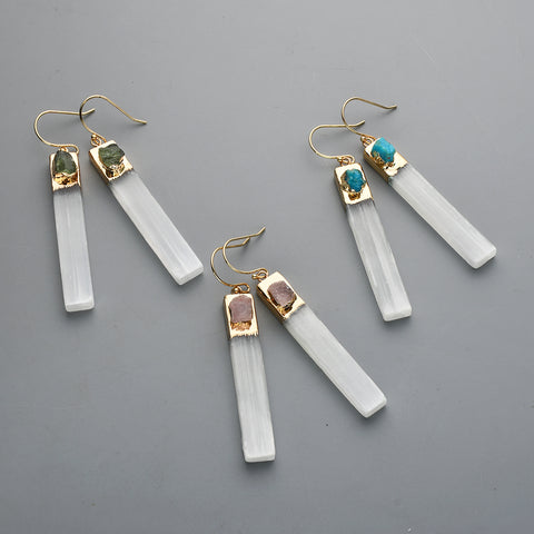 Gold Plated Rectangle Natural Selenite Crystal Earrings, Pave Raw Gemstone Chips, Healing Jewelry, Boho Earrings G2091