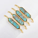 Hexagon Gold Plated Natural Turquoise Bezel Open Bangle ZG0255