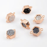 Hexagon Rose Gold Plated Bezel Natural Agate Titanium Rainbow Druzy Connector Double Bails ZR0138