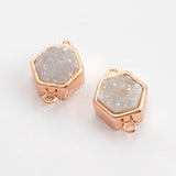 Hexagon Rose Gold Plated Bezel Natural Agate Titanium Rainbow Druzy Connector Double Bails ZR0138