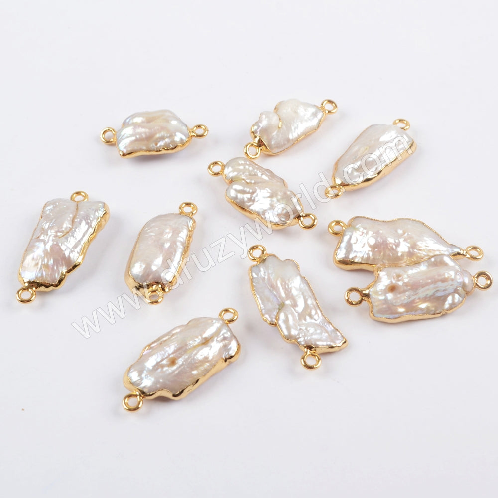 Gold Plated Freeform Natural White Pearl Connector G1674