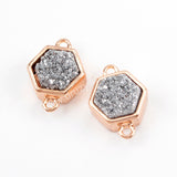 Hexagon Rose Gold Plated Bezel Natural Agate Titanium Rainbow Druzy Connector Double Bails ZR0138