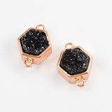 Hexagon Rose Gold Plated Bezel Natural Agate Titanium Rainbow Druzy Connector Double Bails ZR0138