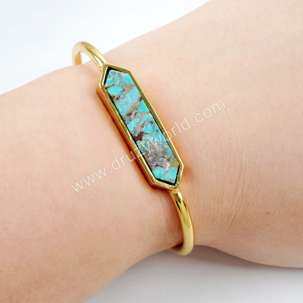 Hexagon Gold Plated Natural Copper Turquoise Bezel Open Bangle Bracelet, Gemstone Cuff Jewelry  ZG0255