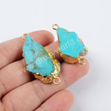 Gold Plated Real Natural Turquoise Slice Connector, Double Bails, Freeform Genuine Turquoise Charms, For Handmade Jewelry Making G1624