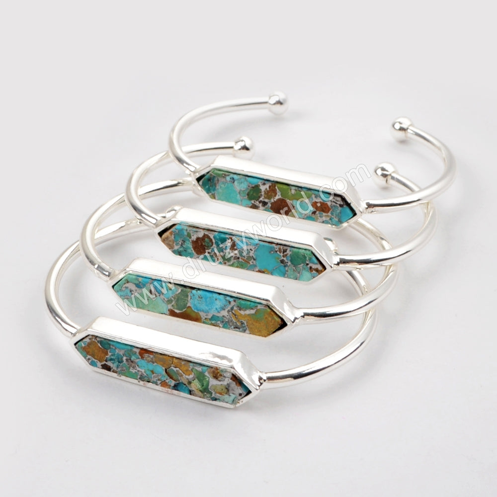Silver Plated Natural Turquoise Bezel Open Bangle Bracelet ZS0255