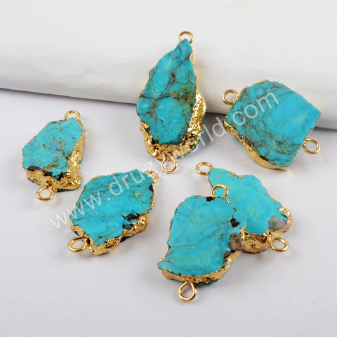Gold Plated Real Natural Turquoise Slice Connector, Double Bails, Freeform Genuine Turquoise Charms, For Handmade Jewelry Making G1624