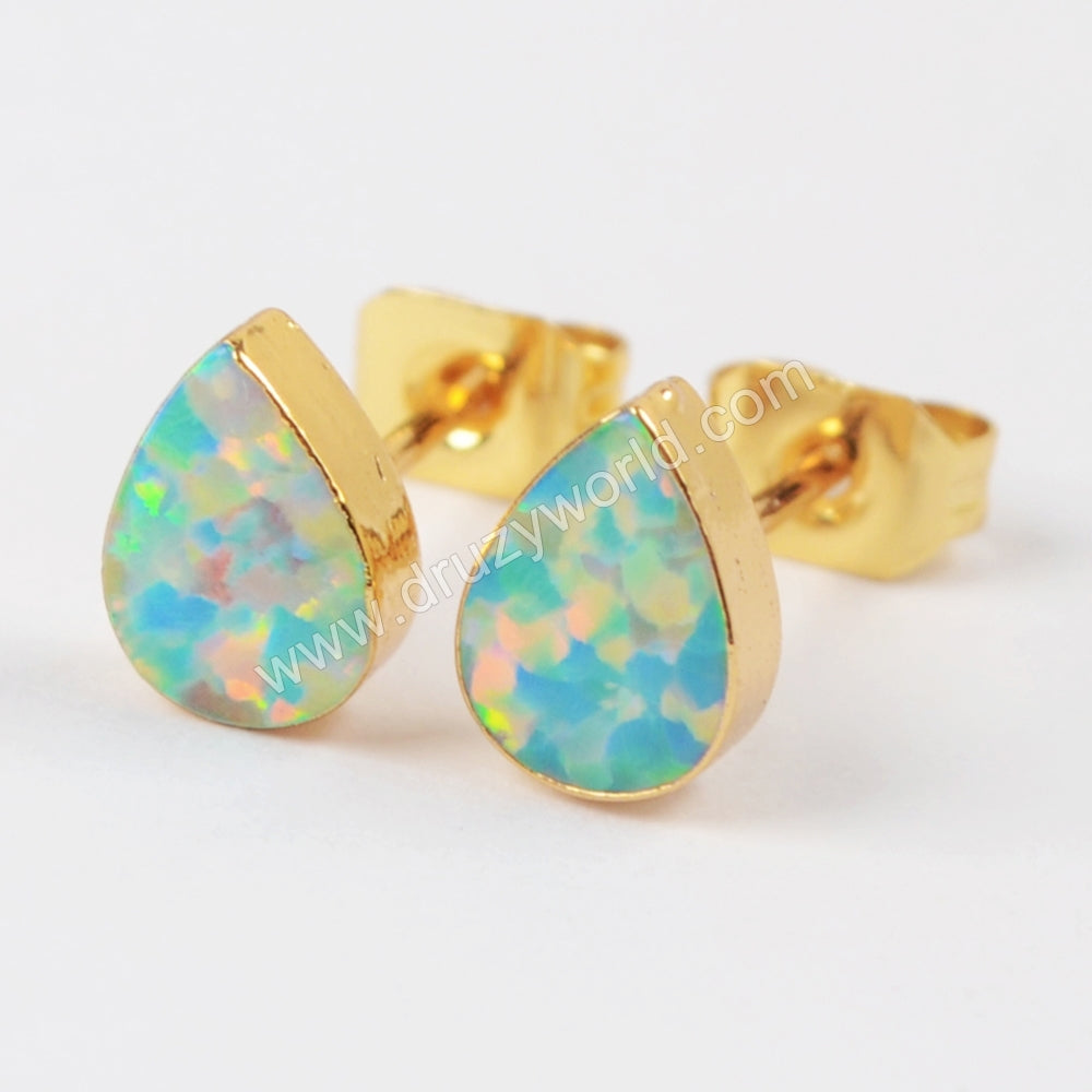 Teardrop Blue Opal Studs Earring Gold Plated Jewelry G1418