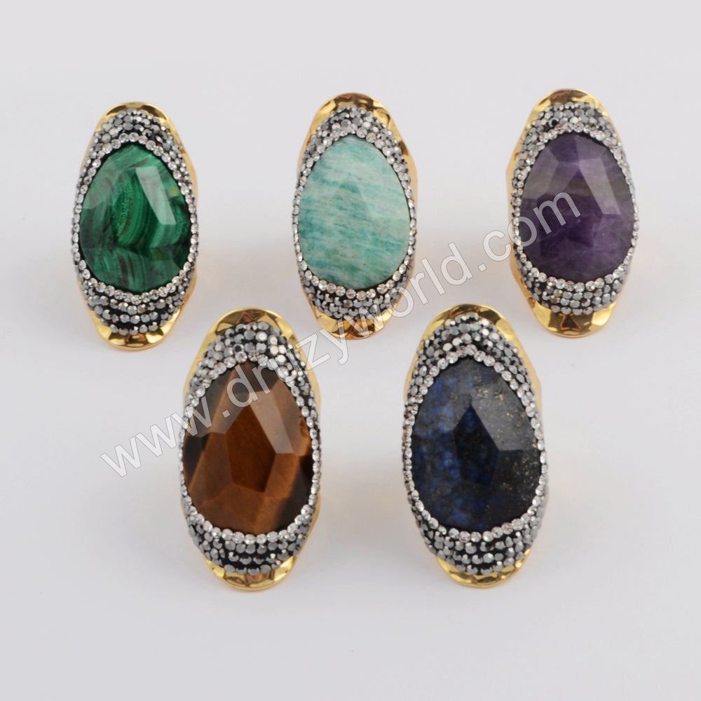 Tear Drop Rhinestone Pave Multi Gemstone Faceted Crystal Gold Band Ring JAB956-1