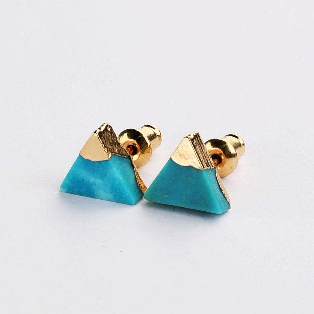 Gold Plated Cap Natural Pure Turquoise Stud Earrings, Gemstone Boho Jewelry G2077