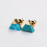 Gold Plated Cap Natural Pure Turquoise Stud Earrings, Gemstone Boho Jewelry G2077