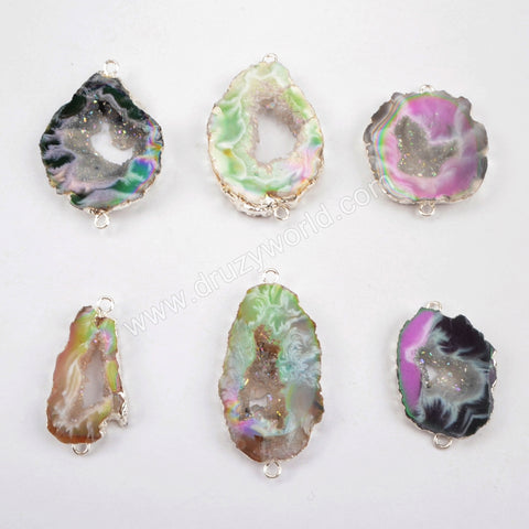 Silver Plated AB Color Agate Druzy Slice Connector, Angel Color Druzy Geode Jewelry Charms S1453