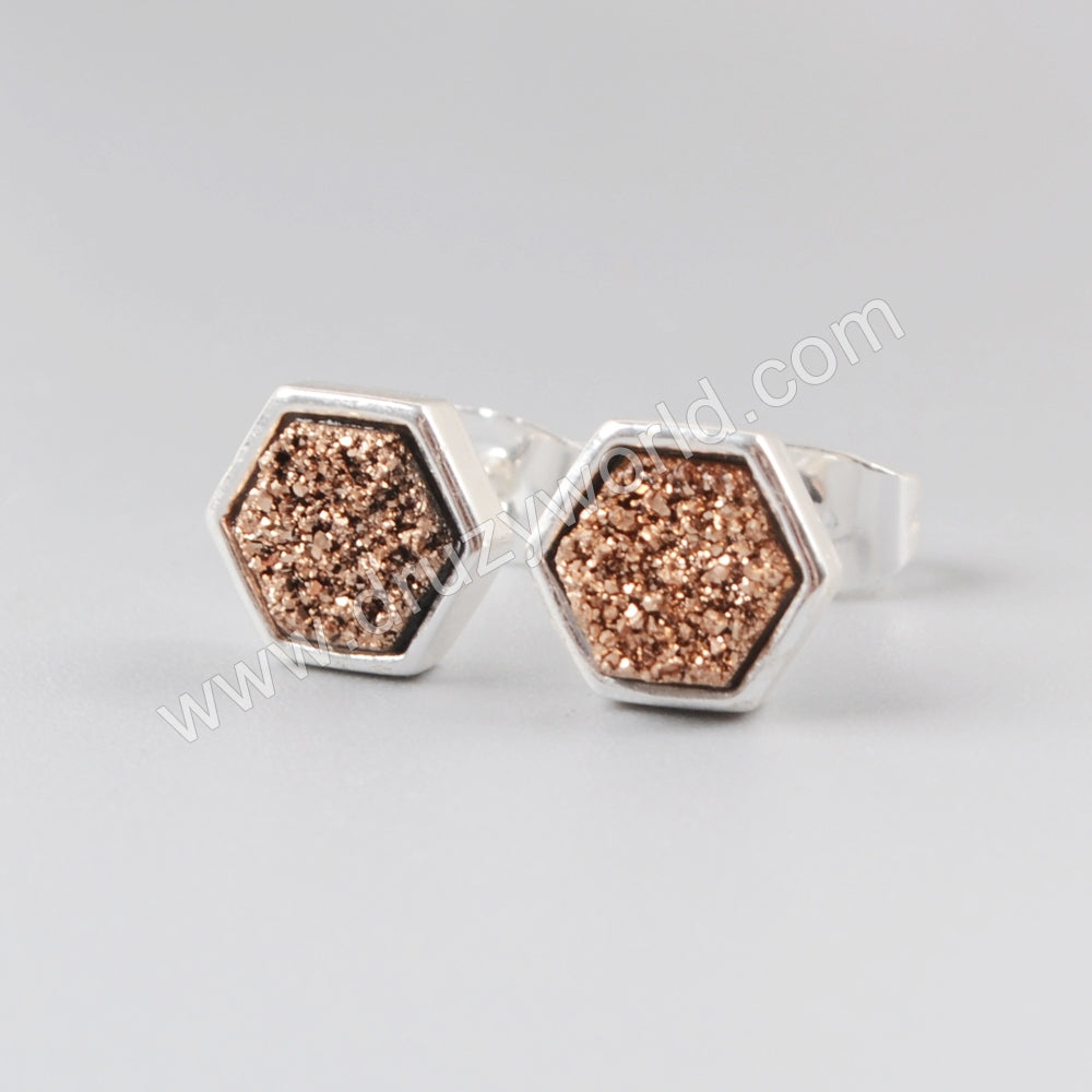 Silver Plated Bezel Hexagon Rainbow Natural Titanium Druzy Stud Earrings ZS0275