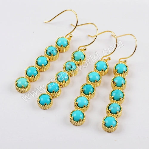 Gold Plated Bezel Round Natural Turquoise Bar Earrings, Aqua Gemstone Drop Earrings ZG0336