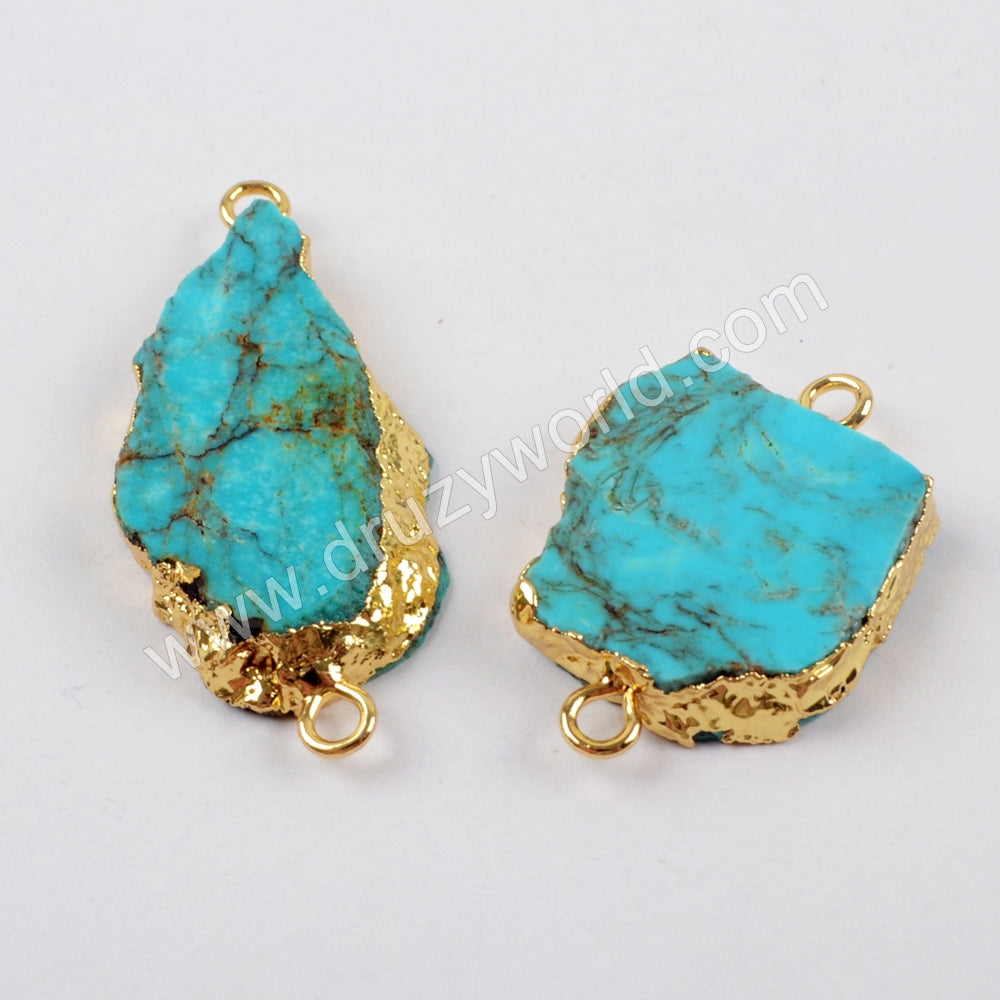 Gold Plated Real Natural Turquoise Slice Connector, Double Bails, Freeform Genuine Turquoise Charms, For Handmade Jewelry Making G1624