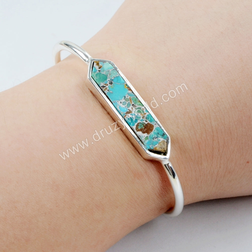 Silver Plated Natural Turquoise Bezel Open Bangle Bracelet ZS0255