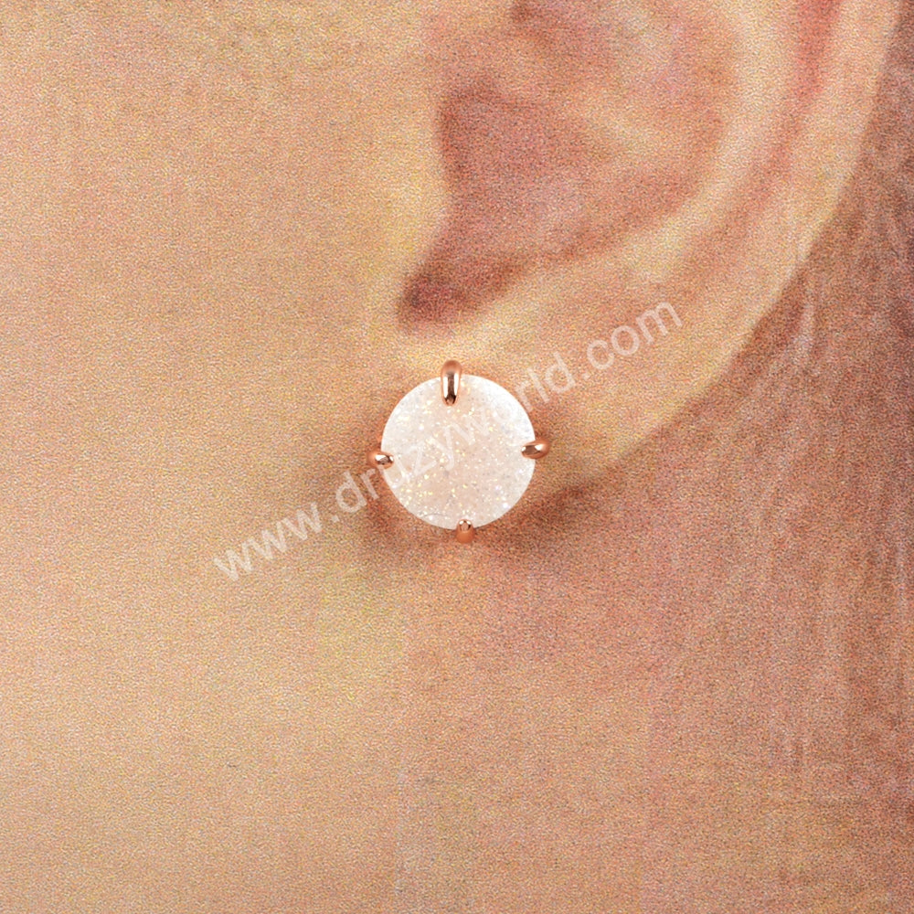 10mm Round Rose Gold Plated Claw Titanium AB Natural Druzy Earrings ZG0132