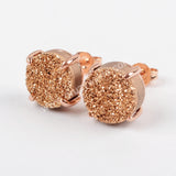 10mm Round Rose Gold Claw Titanium AB Natural Druzy Earrings ZG0132