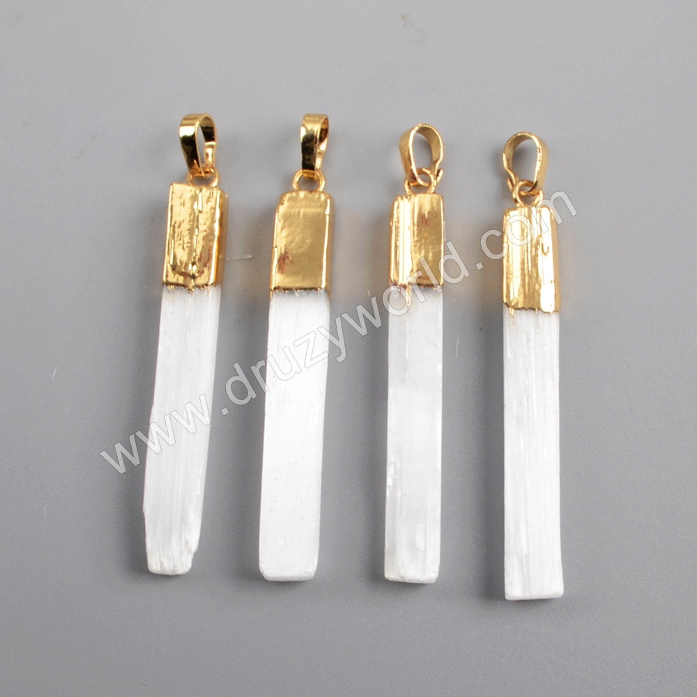 Gold Plated Natural White Selenite Stone Bar Pendant Charm For DIY Jewelry Making G1703