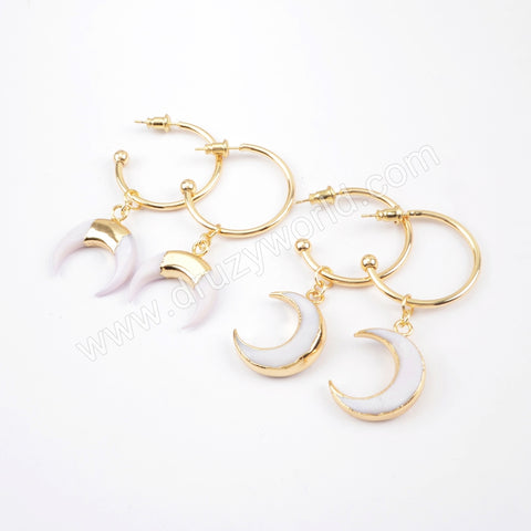 Gold Plated White Shell Horn/Moon With Round Ring Earrings G1677