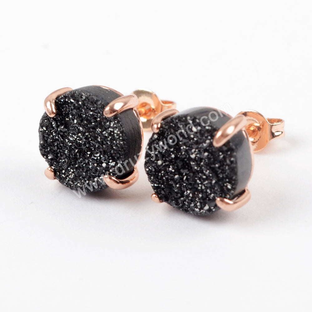 10mm Round Rose Gold Plated Claw Titanium AB Natural Druzy Earrings ZG0132