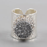 Rhinestone Pave Round Silver Druzy Agate Silver Band Ring JAB832