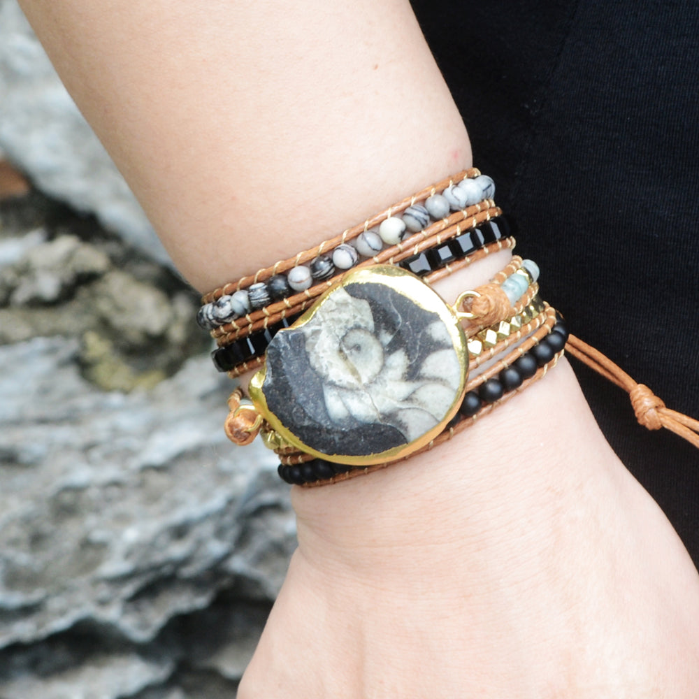 Natural Stone 4mm Beads LayersLeather Wrap Bracelet Handmade Boho Jewelry HD0045