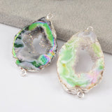 Silver Plated AB Color Agate Druzy Slice Connector, Angel Color Druzy Geode Jewelry Charms S1453