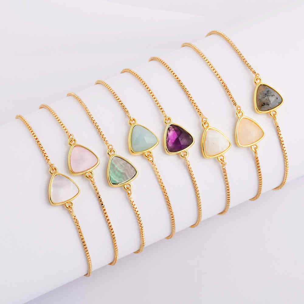 Triangle  Natural Stone Amethyst Gold Bezel Connector Bracelet WX991