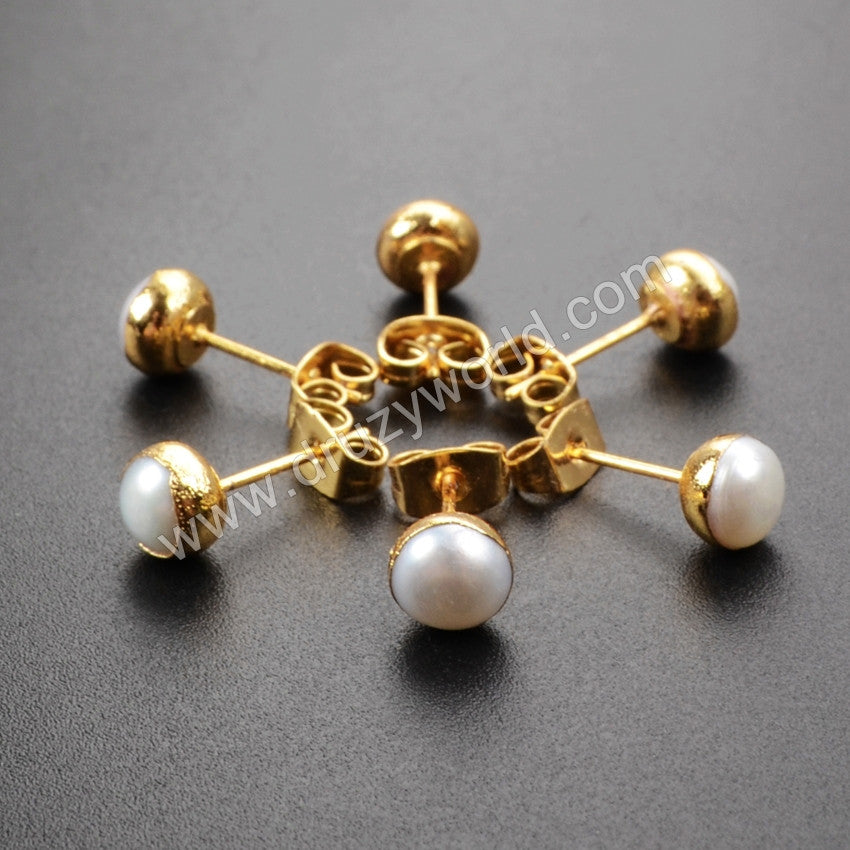 Gold Plated Round Natural White Pearl Stud Earrings G1064