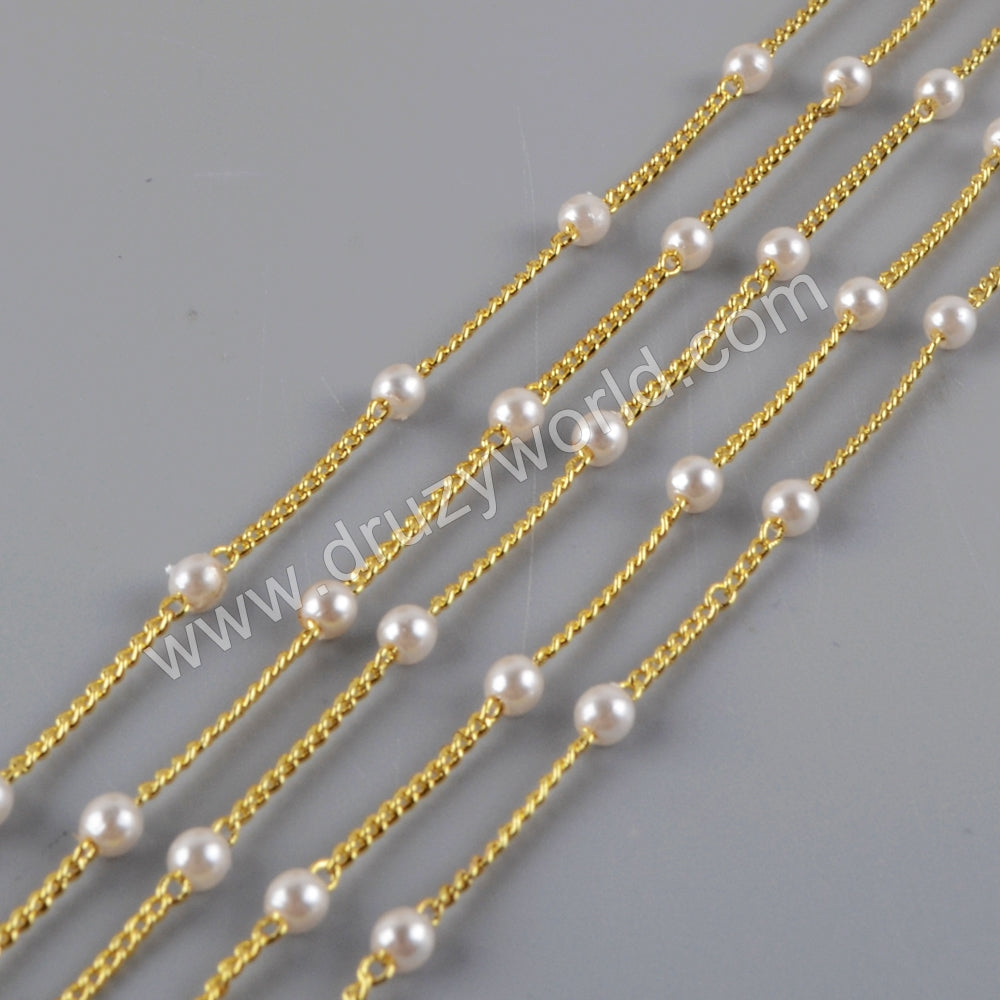 Natural Pearl Rosary Chains In Gold Plated, Beads Chain For Jewelry Necklace Making JT270