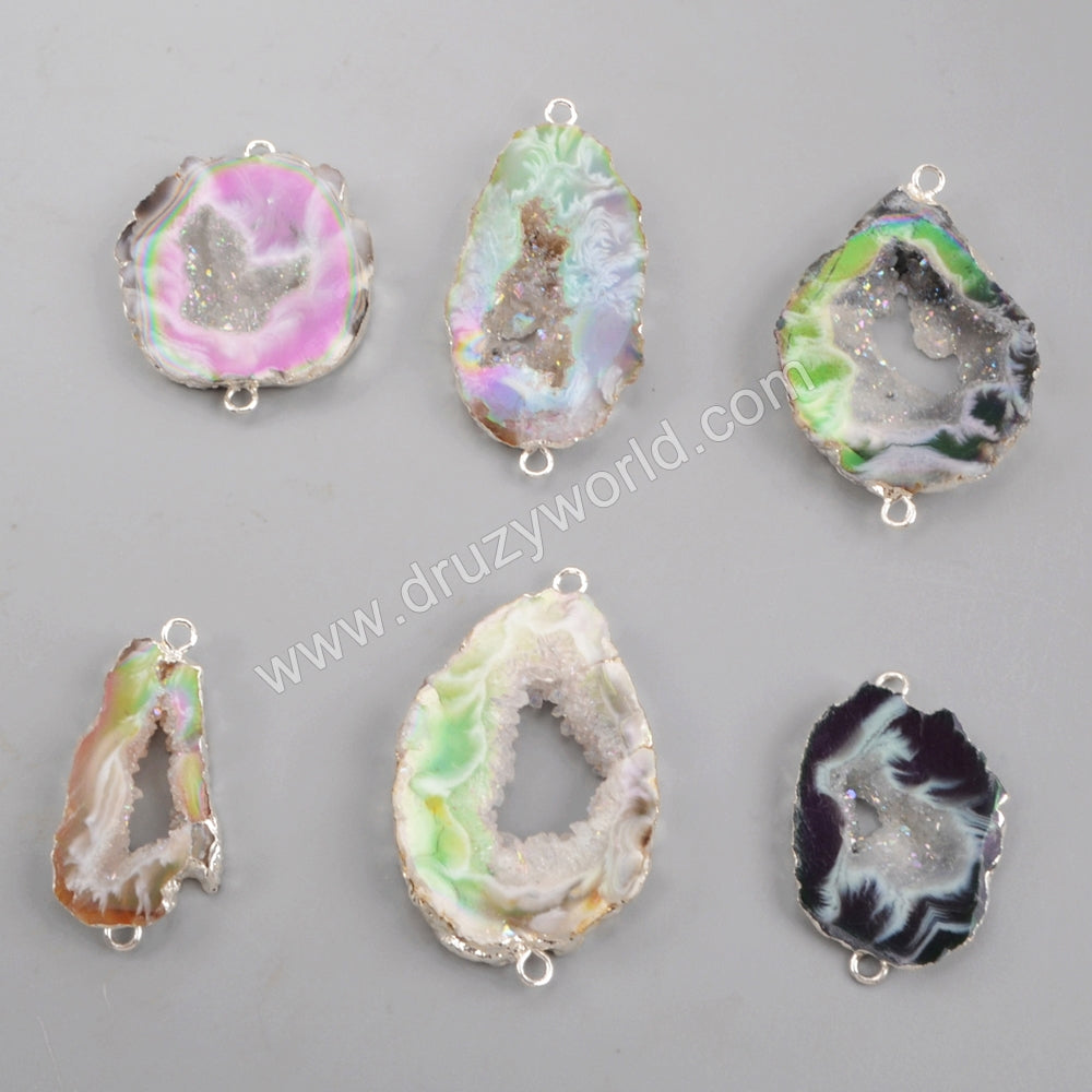 Silver Plated AB Color Agate Druzy Slice Connector, Angel Color Druzy Geode Jewelry Charms S1453