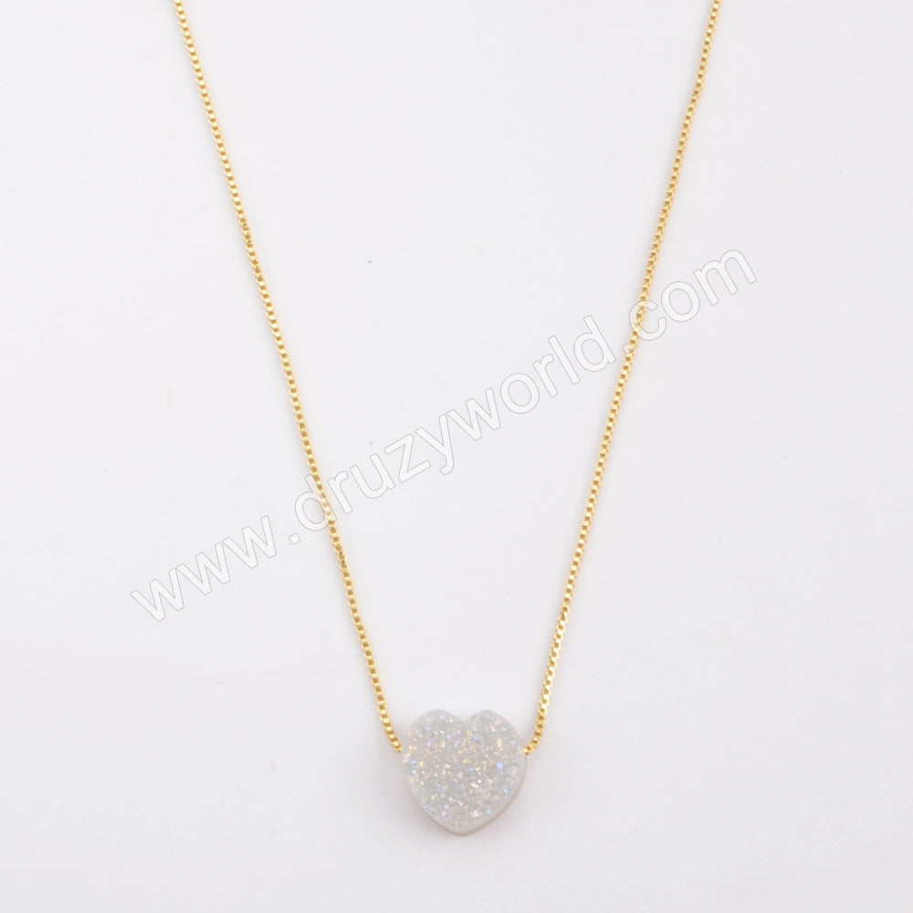Rainbow Heart Shape Titanium Raw Druzy Adjustable Necklace Gift For Her G1889