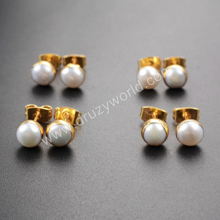 Gold Plated Round Natural White Pearl Stud Earrings G1064