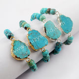 18K Natural Turquoise Slice With 8mm Beads Adjustable Bracelet Silver Plated S1625