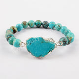 18K Natural Turquoise Slice With 8mm Beads Adjustable Bracelet Silver Plated S1625