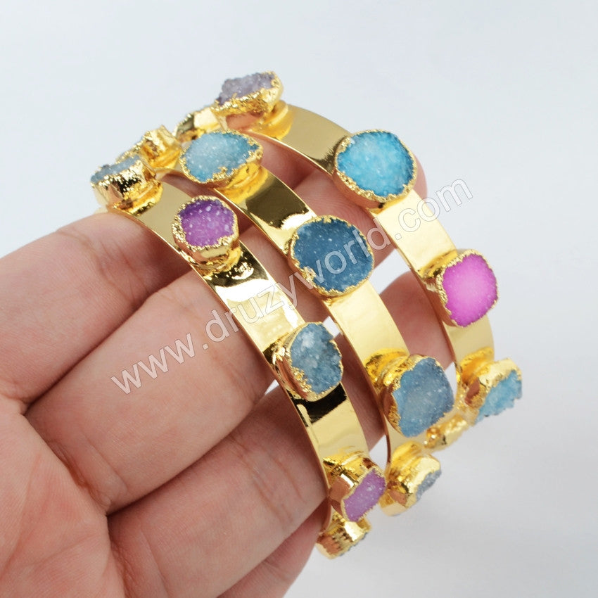 Rainbow Agate Druzy Bangle Bracelet Gold Plated, Drusy Crystal Jewelry Cuff G1098