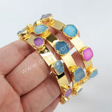 Rainbow Agate Druzy Bangle Bracelet Gold Plated, Drusy Crystal Jewelry Cuff G1098