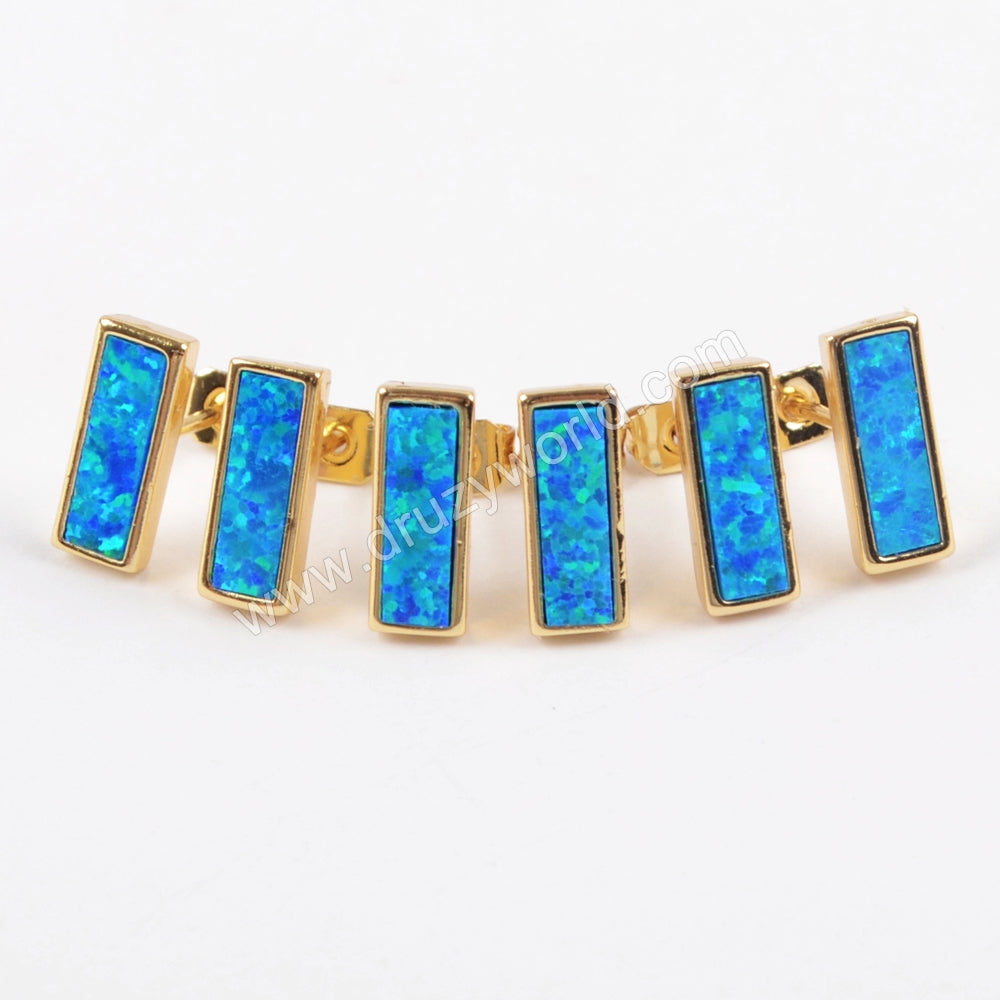 Gold Plated Bezel Rectangle Blue Opal Studs Opal Bar Jewelry Earrings ZG0223