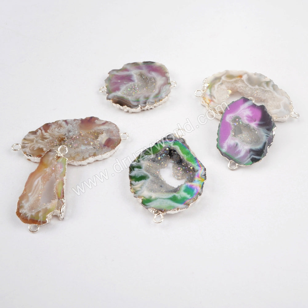 Silver Plated AB Color Agate Druzy Slice Connector, Angel Color Druzy Geode Jewelry Charms S1453