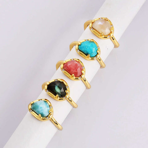 Adjustable Gold Plated Claw Bezel Gemstone Open Ring Natural Faceted Crystal Stone Rings ZG0477