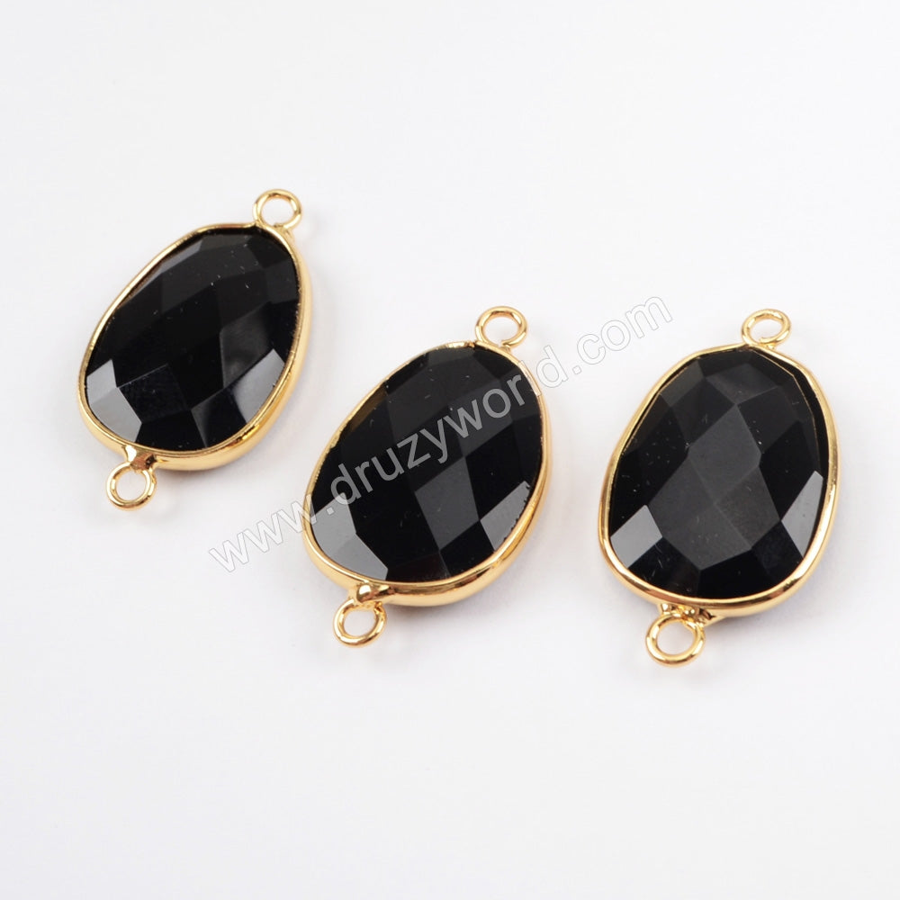 Gold Plated Black Agate Faceted Connector Double Bails For Jewelry Making G1502