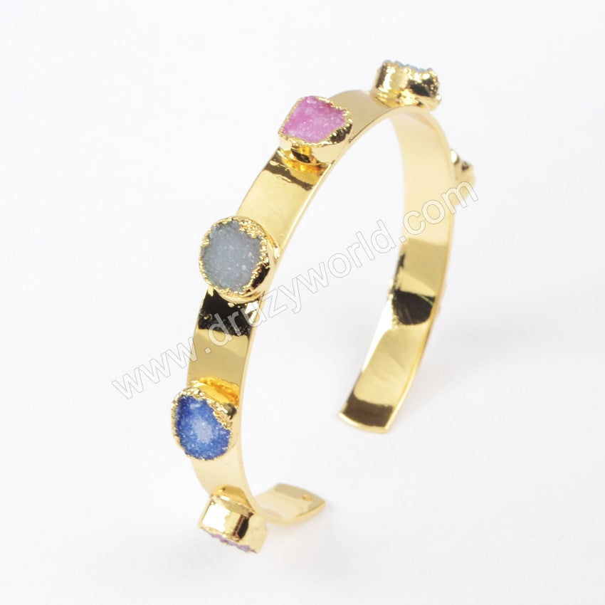 Rainbow Agate Druzy Bangle Bracelet Gold Plated, Drusy Crystal Jewelry Cuff G1098