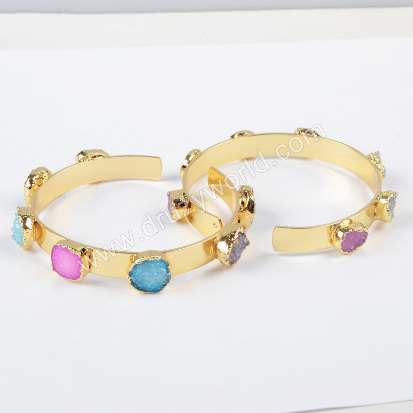 Rainbow Agate Druzy Bangle Bracelet Gold Plated, Drusy Crystal Jewelry Cuff G1098