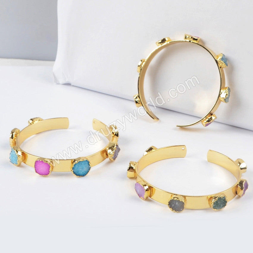 Rainbow Agate Druzy Bangle Bracelet Gold Plated, Drusy Crystal Jewelry Cuff G1098