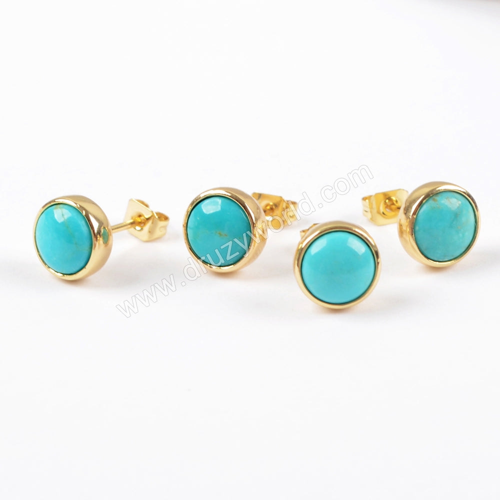 Gold Plated Bezel Round Natural Turquoise Stud Earrings, Gemstone Jewelry ZG0258